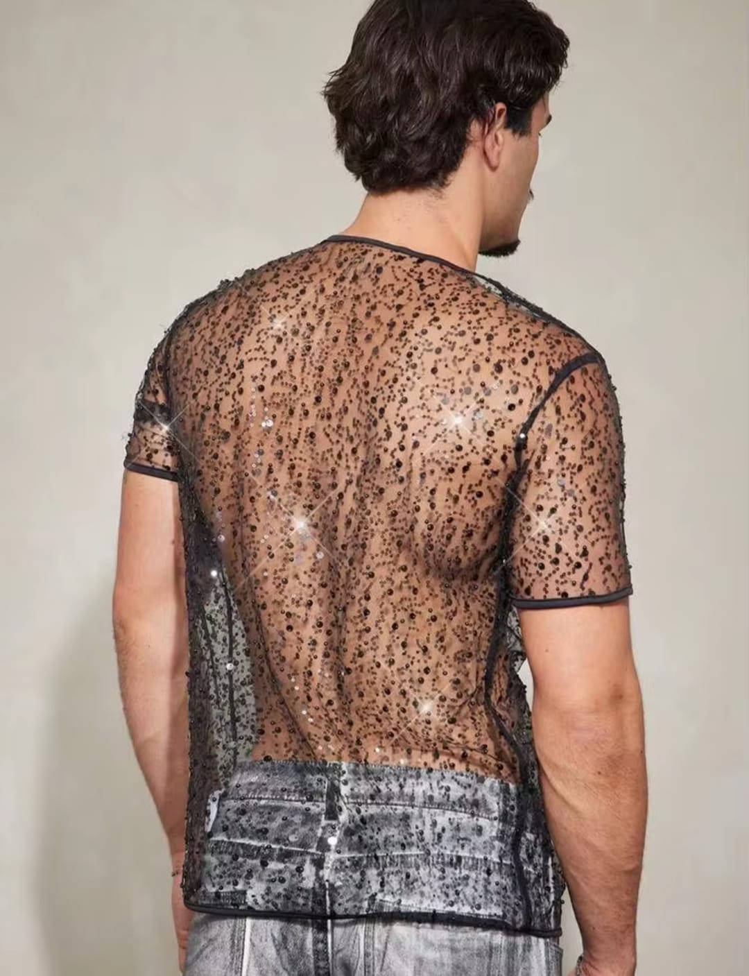 Men's High-Stretch Sheer Mesh Sequin Embellished Short Sleeve Crewneck T-Shirt